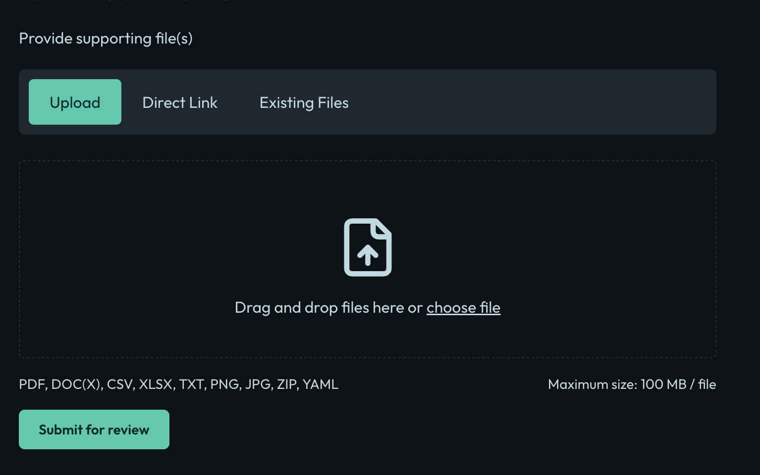Evidence upload screenshot